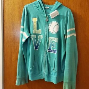 SALE Teal softball zip up hoodie that says LOVE